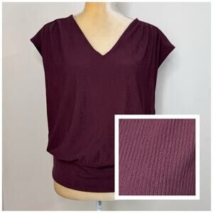 NWT Ann Taylor Ribbed Cap Sleeves Blouse Top Size M Maroon V-Neck
